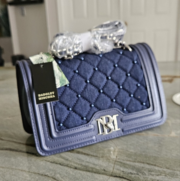 Badgley Mischka Blue Denim Quilted Crossbody Bag with Chain and Beads Strap NWT - Picture 7 of 16